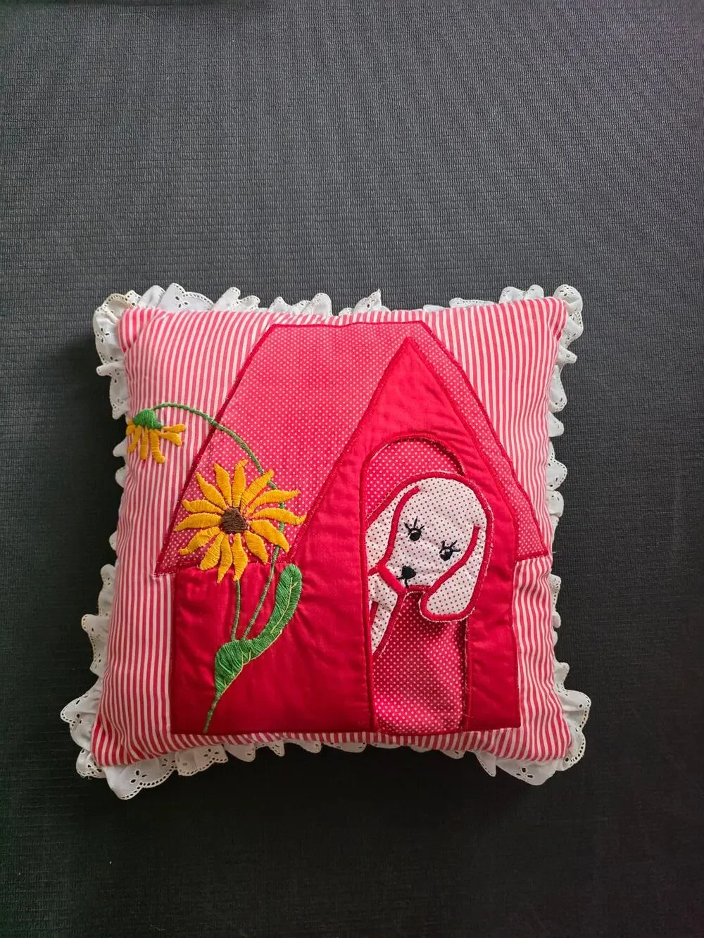 Vintage Homemade Sewn Embroidered Puppy Pillow Red Eyelet Lace Nursery Polka Dot